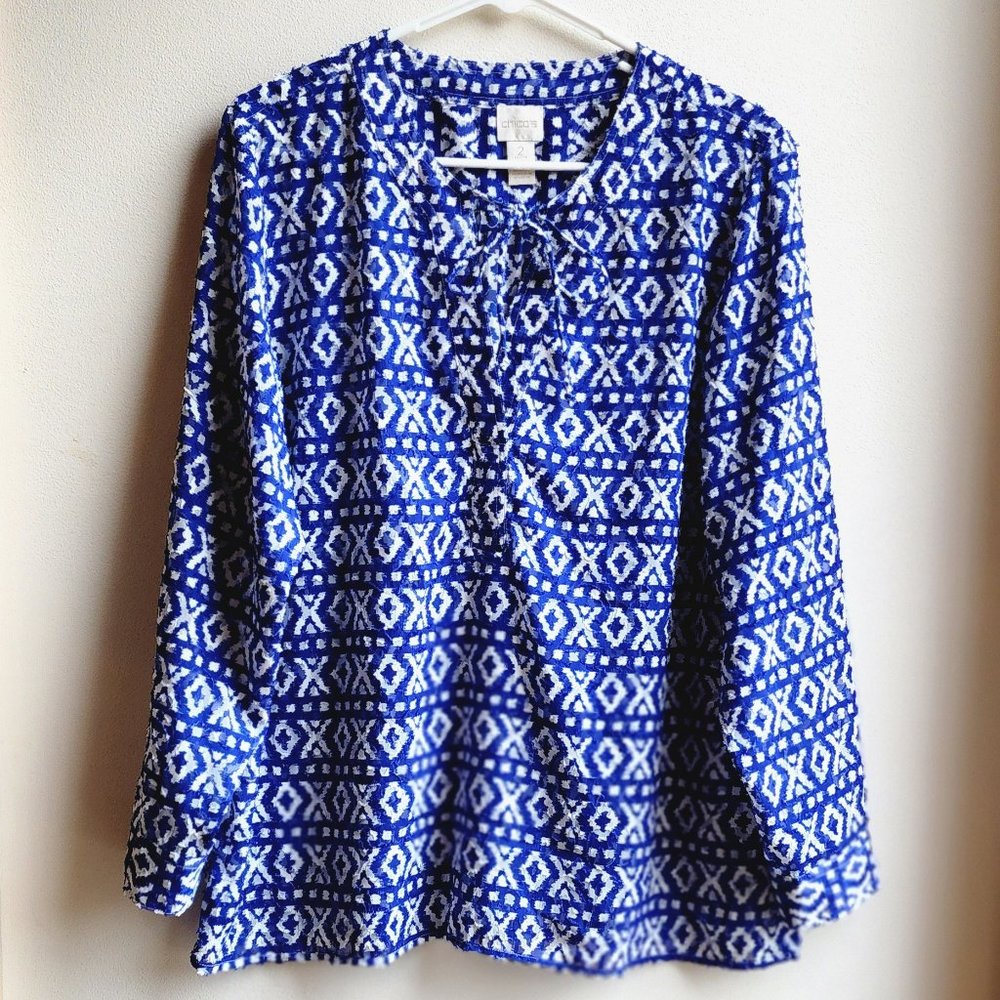 LIKE NEW: Chico's Blue and White Geometric Long-Sleeve Blouse, lightweight, FUN!